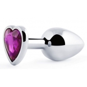 Серебристая анальная пробка с фиолетовым кристаллом-сердечком - 8 см. - Anal Jewelry Plug - купить с доставкой в Сергиевом Посаде