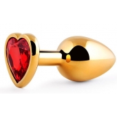 Золотистая анальная пробка с красным стразом-сердечком - 8 см. - Anal Jewelry Plug - купить с доставкой в Сергиевом Посаде