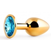 Золотистая анальная пробка с голубым стразом - 7,2 см. - Anal Jewelry Plug - купить с доставкой в Сергиевом Посаде
