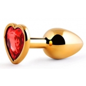 Золотистая анальная пробка с красным стразом-сердечком - 7 см. - Anal Jewelry Plug - купить с доставкой в Сергиевом Посаде
