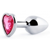 Серебристая анальная пробка с малиновым кристаллом-сердечком - 7 см. - Anal Jewelry Plug - купить с доставкой в Сергиевом Посаде