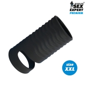 Черная открытая насадка на пенис с кольцом для мошонки XXL-size - 9,4 см. - Sex Expert - в Сергиевом Посаде купить с доставкой
