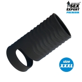 Черная открытая насадка на пенис с кольцом для мошонки XXXL-size - 9,9 см. - Sex Expert - в Сергиевом Посаде купить с доставкой