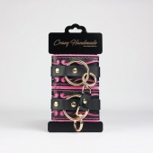 Черные кожаные наручники с розовой строчкой - Crazy Handmade - купить с доставкой в Сергиевом Посаде