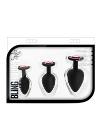 Набор черных анальных пробок с красным кристаллом-сердечком Bling Plugs Training Kit - Blush Novelties - купить с доставкой в Сергиевом Посаде