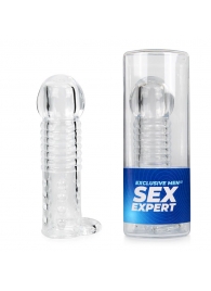 Прозрачная рельефная насадка-реалистик с петлей для мошонки - 13,5 см. - Sex Expert - в Сергиевом Посаде купить с доставкой