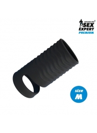 Черная открытая насадка на пенис с кольцом для мошонки size M - 7,9 см. - Sex Expert - в Сергиевом Посаде купить с доставкой