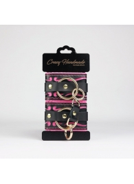 Черные кожаные наручники с розовой строчкой - Crazy Handmade - купить с доставкой в Сергиевом Посаде