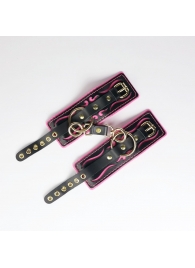 Черные кожаные наручники с розовой строчкой - Crazy Handmade - купить с доставкой в Сергиевом Посаде