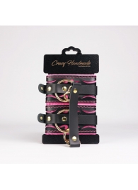 Черные кожаные оковы с розовой строчкой - Crazy Handmade - купить с доставкой в Сергиевом Посаде