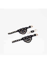 Черные кожаные наручники с клепками, кольцами и золотистой фурнитурой - Crazy Handmade - купить с доставкой в Сергиевом Посаде