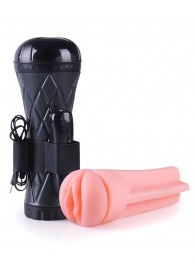 Телесный мастурбатор-вагина в черной колбе с вибрацией - Boys of Toys - в Сергиевом Посаде купить с доставкой