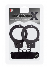 Чёрные наручники из листового металла в комплекте с веревкой BONDX METAL CUFFS LOVE ROPE SET - Dream Toys - купить с доставкой в Сергиевом Посаде