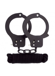 Чёрные наручники из листового металла в комплекте с веревкой BONDX METAL CUFFS LOVE ROPE SET - Dream Toys - купить с доставкой в Сергиевом Посаде