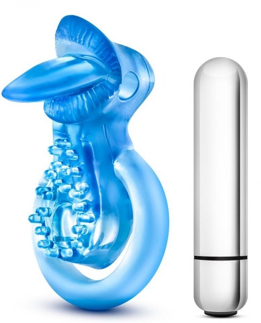 Голубое эрекционное виброкольцо 10 Function Vibrating Tongue Ring - Blush Novelties - в Сергиевом Посаде купить с доставкой