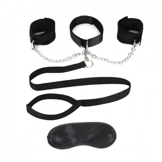 Чёрный ошейник с наручниками и поводком Collar Cuffs   Leash Set - Lux Fetish - купить с доставкой в Сергиевом Посаде