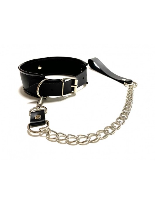 Черный ошейник с поводком из эко-кожи - БДСМ Арсенал - купить с доставкой в Сергиевом Посаде