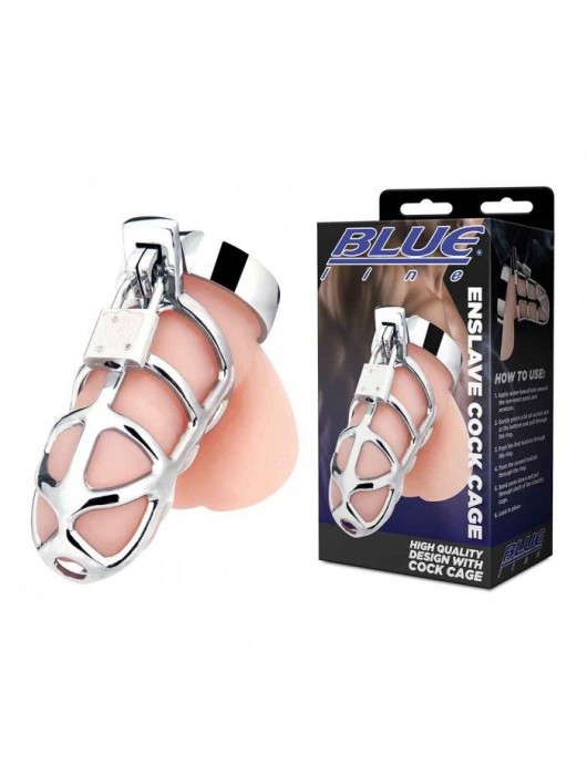 Серебристая металлическая клетка для члена с замком Enslave Cock Cage - BlueLine - купить с доставкой в Сергиевом Посаде