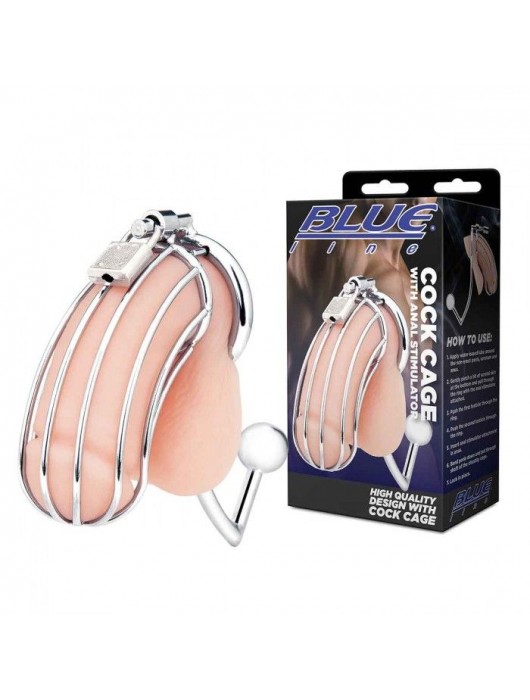 Серебристая металлическая клетка с анальным стимулятором Cock Cage - BlueLine - купить с доставкой в Сергиевом Посаде
