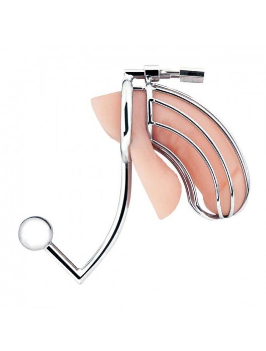 Серебристая металлическая клетка с анальным стимулятором Cock Cage - BlueLine - купить с доставкой в Сергиевом Посаде