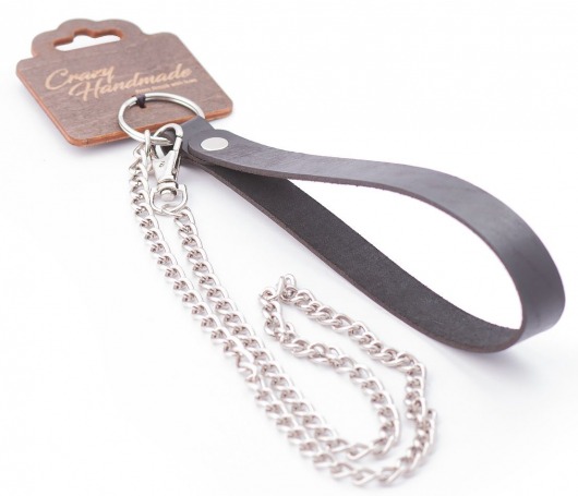Серебристый металлический поводок с кожаной черной ручкой - 80 см. - Crazy Handmade - купить с доставкой в Сергиевом Посаде
