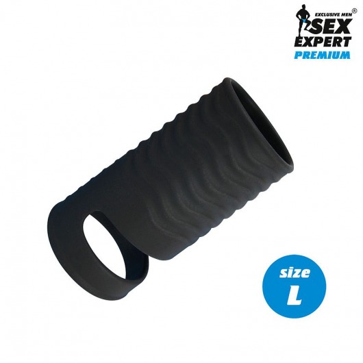 Черная открытая насадка на пенис с кольцом для мошонки L-size - 8,5 см. - Sex Expert - в Сергиевом Посаде купить с доставкой