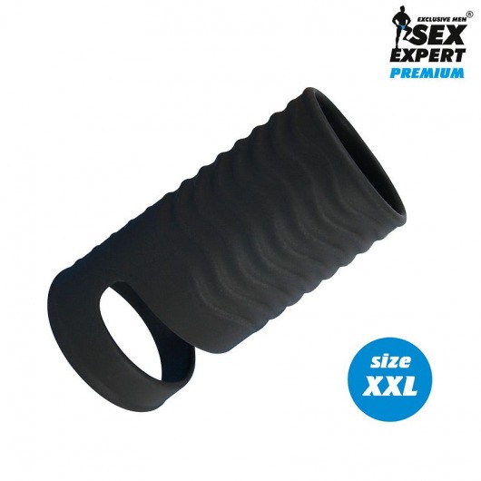 Черная открытая насадка на пенис с кольцом для мошонки XXL-size - 9,4 см. - Sex Expert - в Сергиевом Посаде купить с доставкой