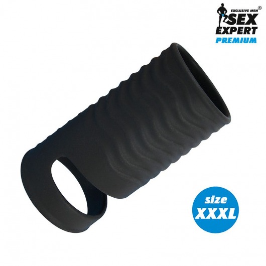 Черная открытая насадка на пенис с кольцом для мошонки XXXL-size - 9,9 см. - Sex Expert - в Сергиевом Посаде купить с доставкой