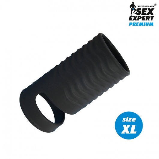 Черная открытая насадка на пенис с кольцом для мошонки XL-size - 8,9 см. - Sex Expert - в Сергиевом Посаде купить с доставкой