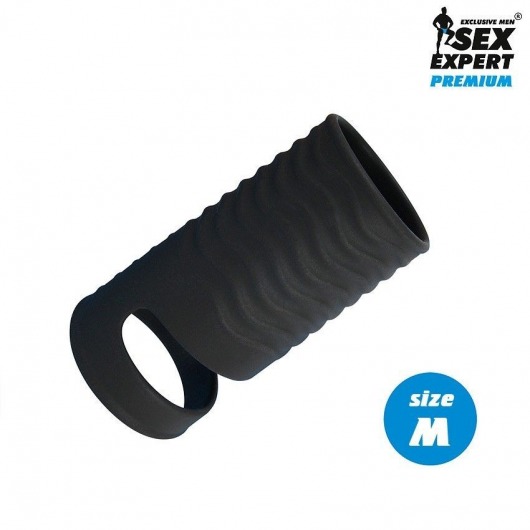 Черная открытая насадка на пенис с кольцом для мошонки size M - 7,9 см. - Sex Expert - в Сергиевом Посаде купить с доставкой