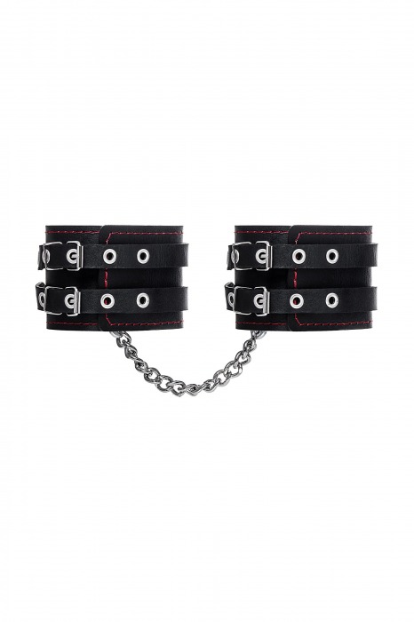 Черные кожаные оковы с двумя ремнями и контрастной строчкой - Pecado - купить с доставкой в Сергиевом Посаде
