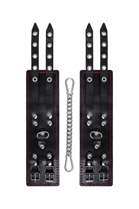 Черные кожаные оковы с двумя ремнями и контрастной строчкой - Pecado - купить с доставкой в Сергиевом Посаде