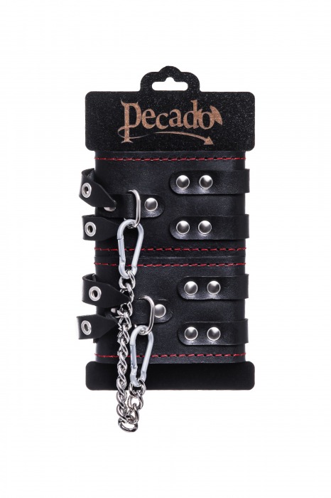 Черные кожаные оковы с двумя ремнями и контрастной строчкой - Pecado - купить с доставкой в Сергиевом Посаде