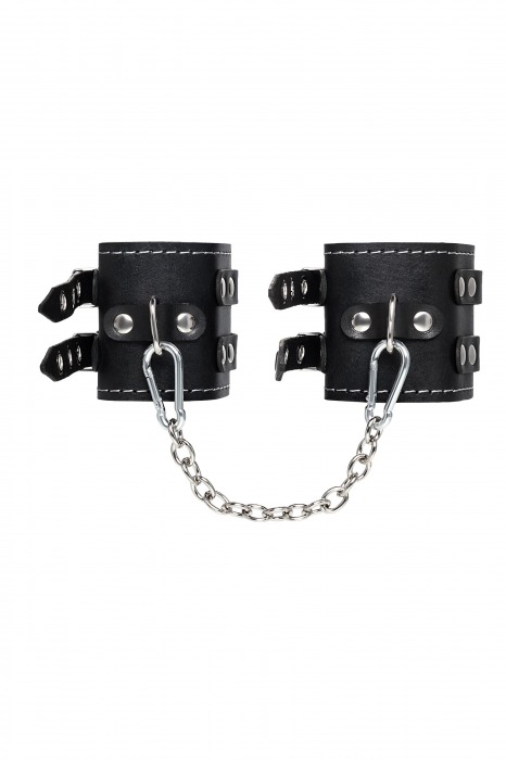 Черные кожаные оковы с двумя ремнями и красной подкладкой - Pecado - купить с доставкой в Сергиевом Посаде