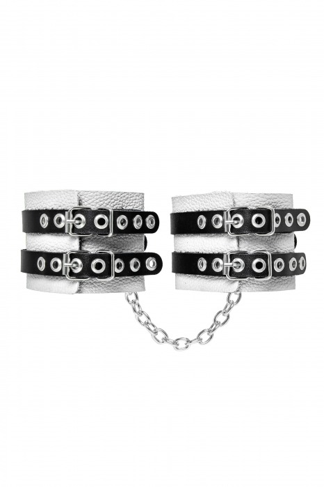 Бело-черные оковы с двумя ремешками и люверсами - Pecado - купить с доставкой в Сергиевом Посаде