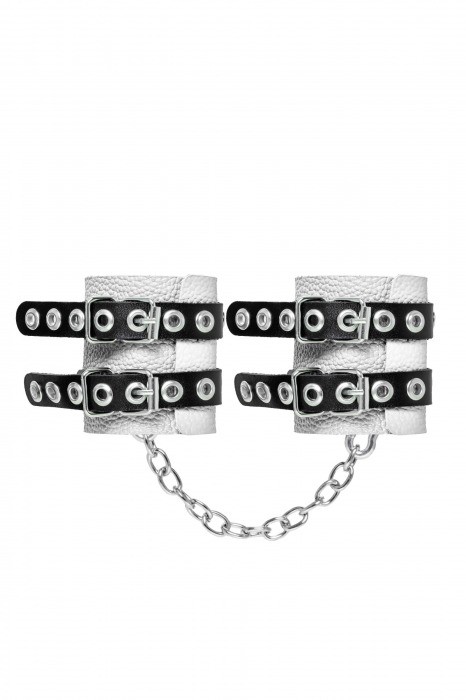 Бело-черные наручники с двумя ремешками и люверсами - Pecado - купить с доставкой в Сергиевом Посаде