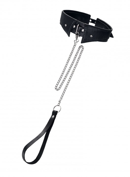 Черный кожаный ошейник-воротник с поводком - Pecado - купить с доставкой в Сергиевом Посаде