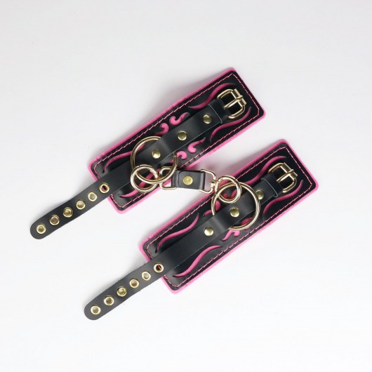 Черные кожаные наручники с розовой строчкой - Crazy Handmade - купить с доставкой в Сергиевом Посаде
