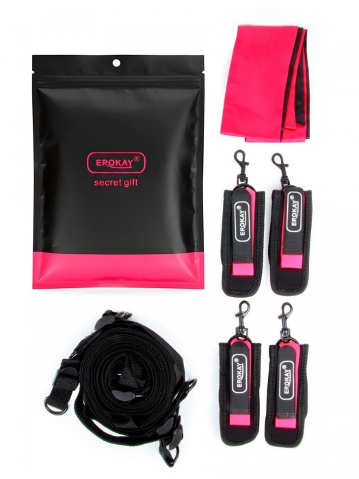 Черно-розовый эротический набор: фиксатор, оковы, наручники, повязка - Erokay - купить с доставкой в Сергиевом Посаде