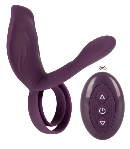 Фиолетовая насадка на член с клиторальным отростком и пультом ДУ RC Couple’s Vibrator 2 - Orion - в Сергиевом Посаде купить с доставкой
