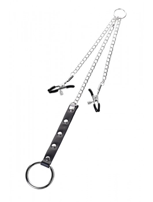 Серебристо-чёрные зажимы для сосков с кольцом для пениса TOYFA Metal - ToyFa - купить с доставкой в Сергиевом Посаде